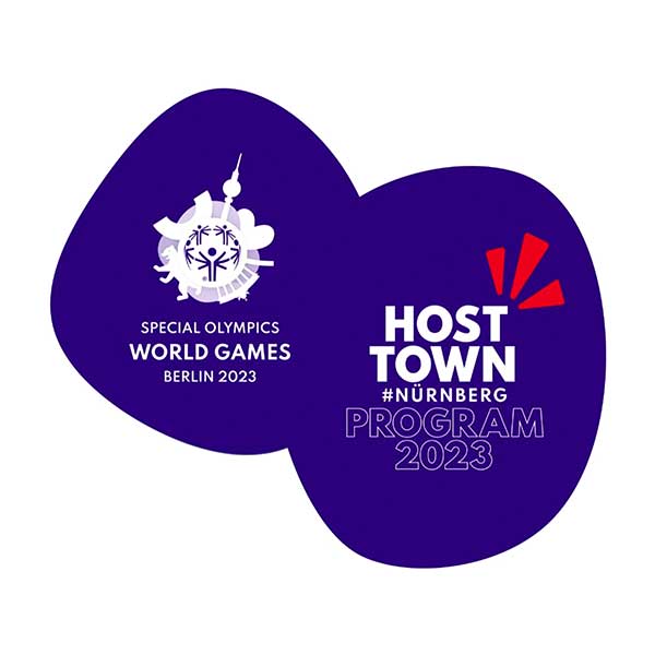Im lila·farbenen Logo vom Host Town Program 2023 von der Stadt Nürnberg stehen ganz kurze Informationen zum Host Town Program.